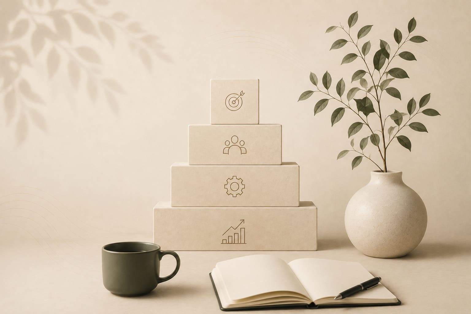 Stacked building blocks with growth icons, a plant and notebook, representing the Elowen Academy